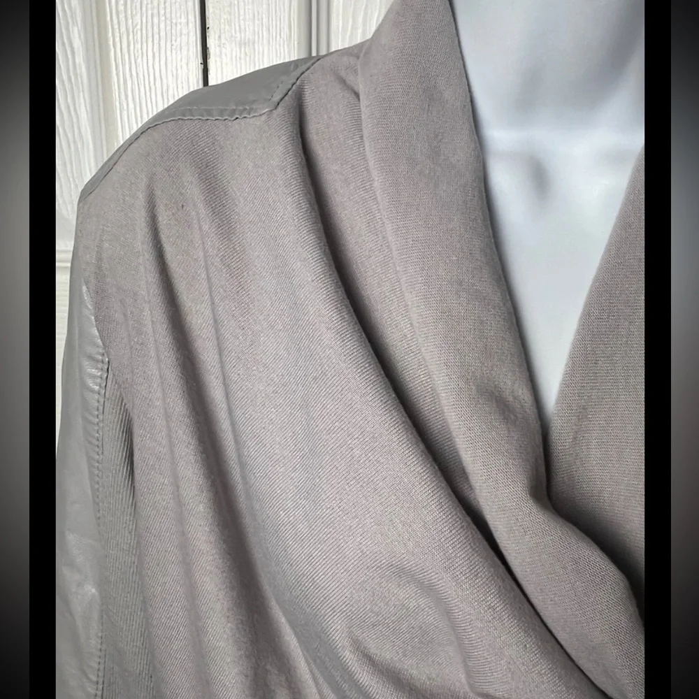 BL^NK NYC Gray Jacket Faux Leather Vegan Knit Moto Asymmetrical Zip Drapey